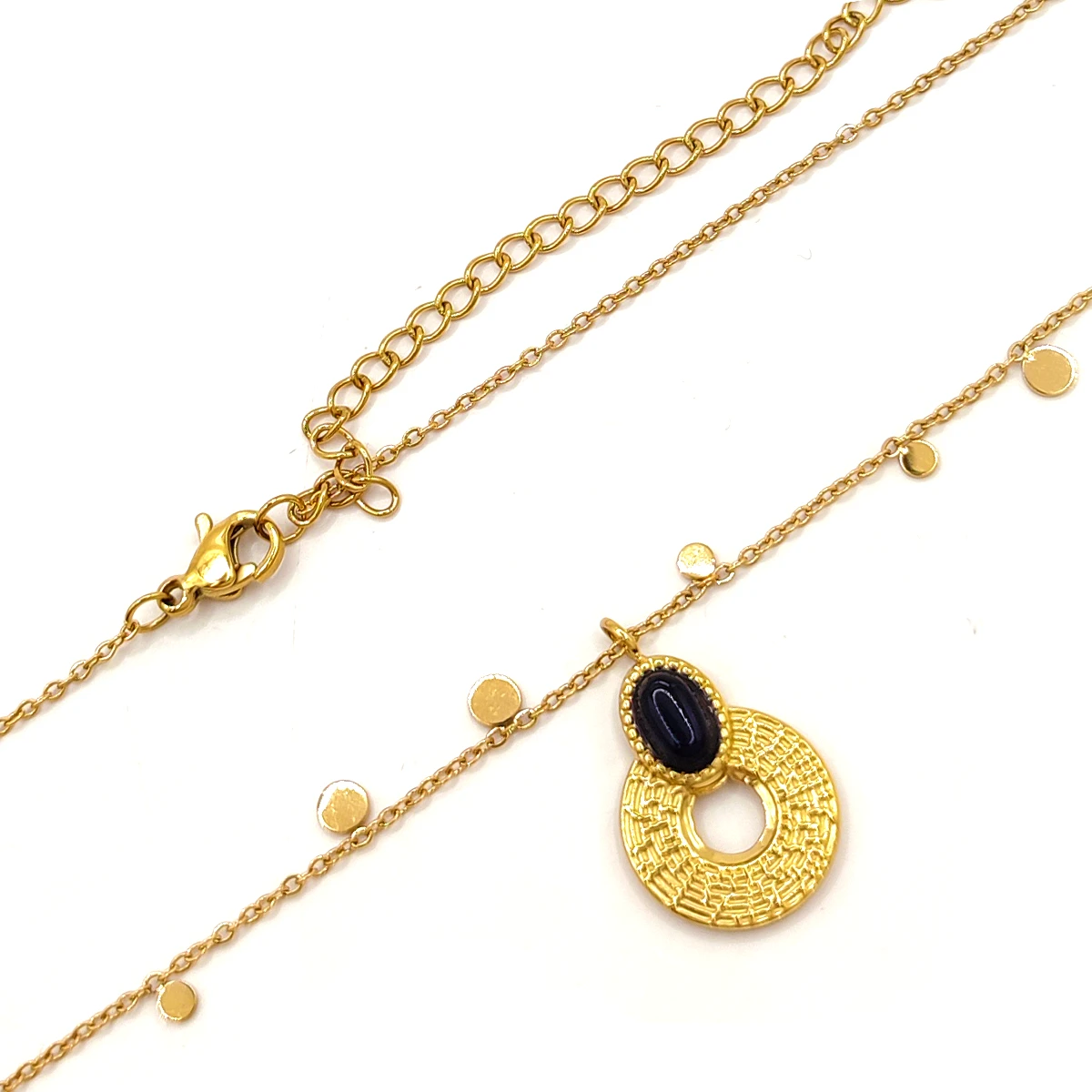 Collar Acero Dorado Piedra Negra Oval Cadena Circulos 3