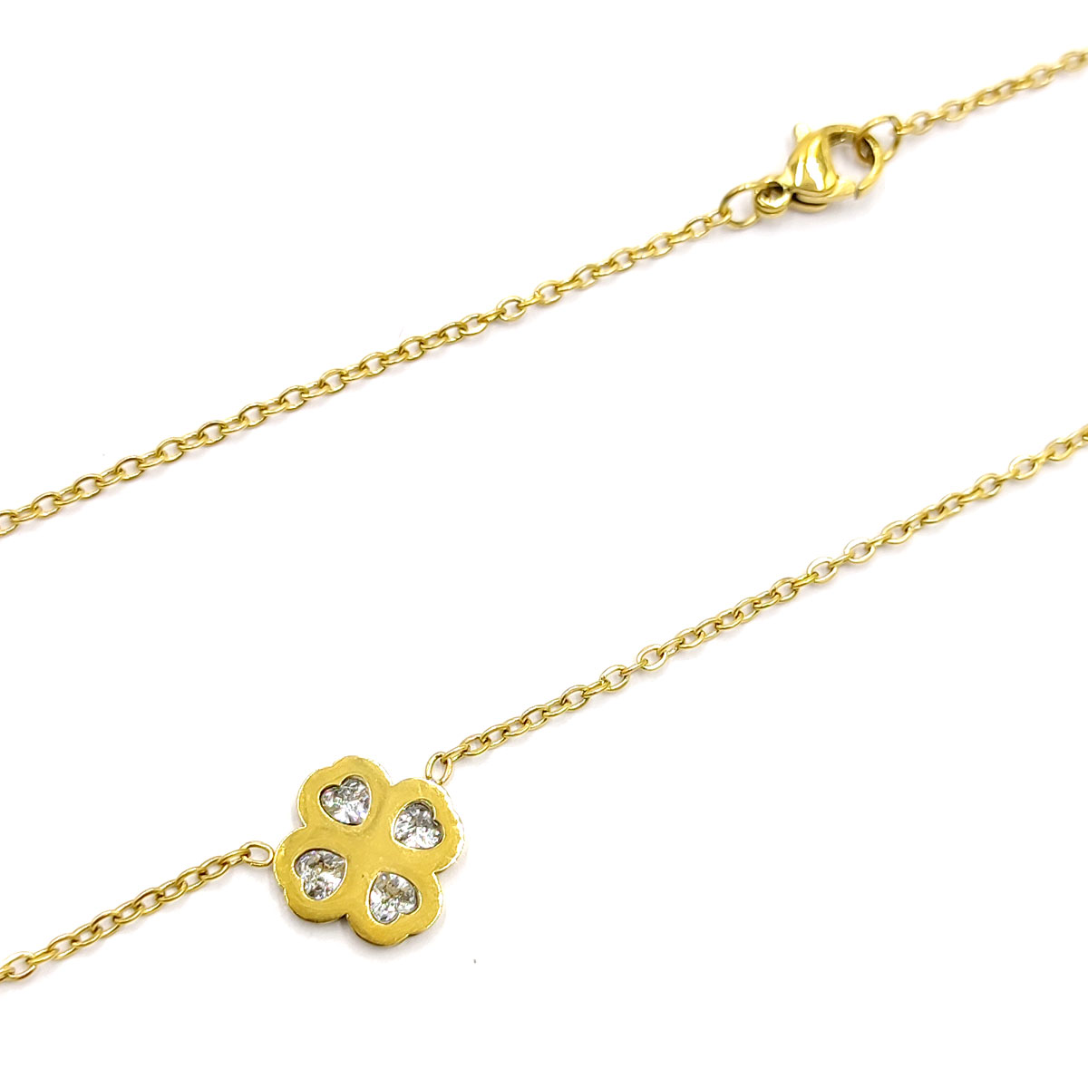 Collar Acero Inox Dorado Trebol 4 Hojas Corazon Zirconia 2