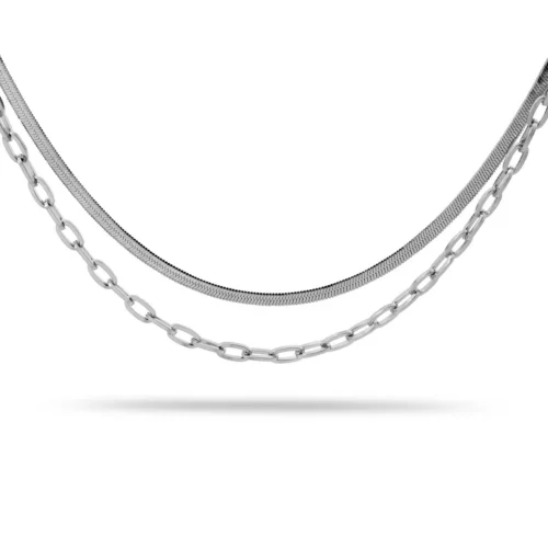 Collar Acero Plateado Doble Cadena Oval y Planchada