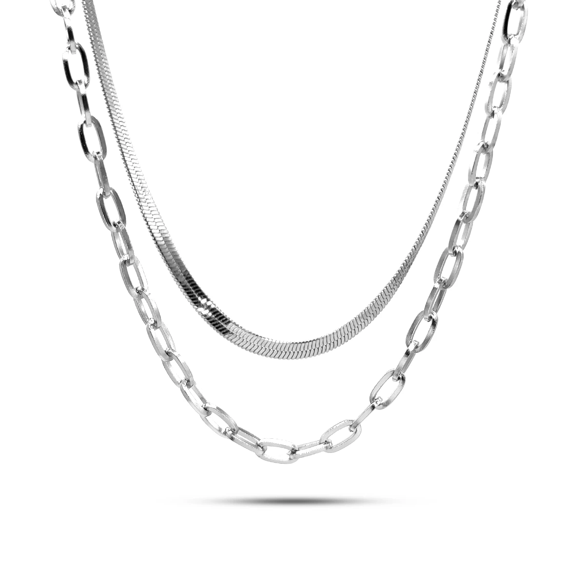 Collar Acero Plateado Doble Cadena Oval y Planchada