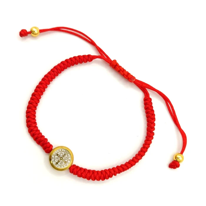 Pulsera Acero Bicolor Hilo Rojo Ajustable Dije San Benito