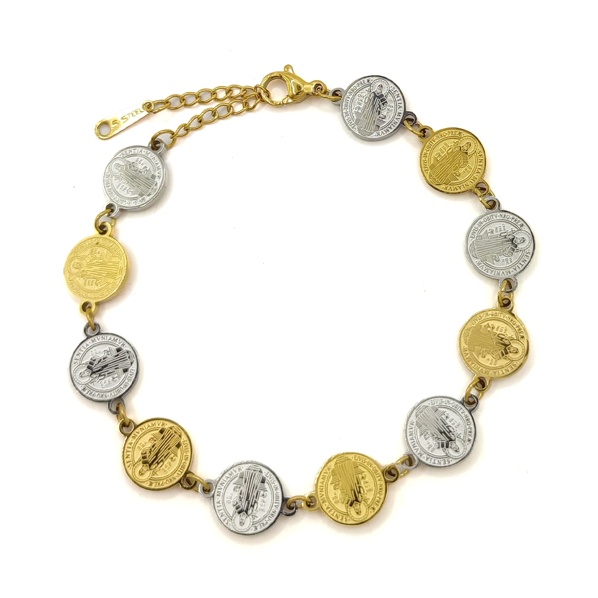 Pulsera Acero Bicolor Medallas Redondas San Benito 2