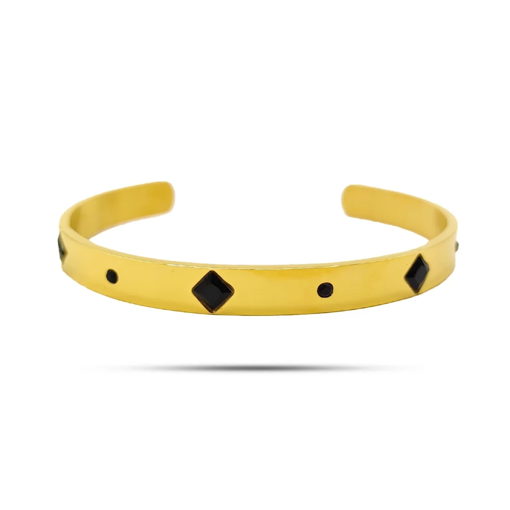 Pulsera Acero Dorado Brazalete Abierto Cristales Negros