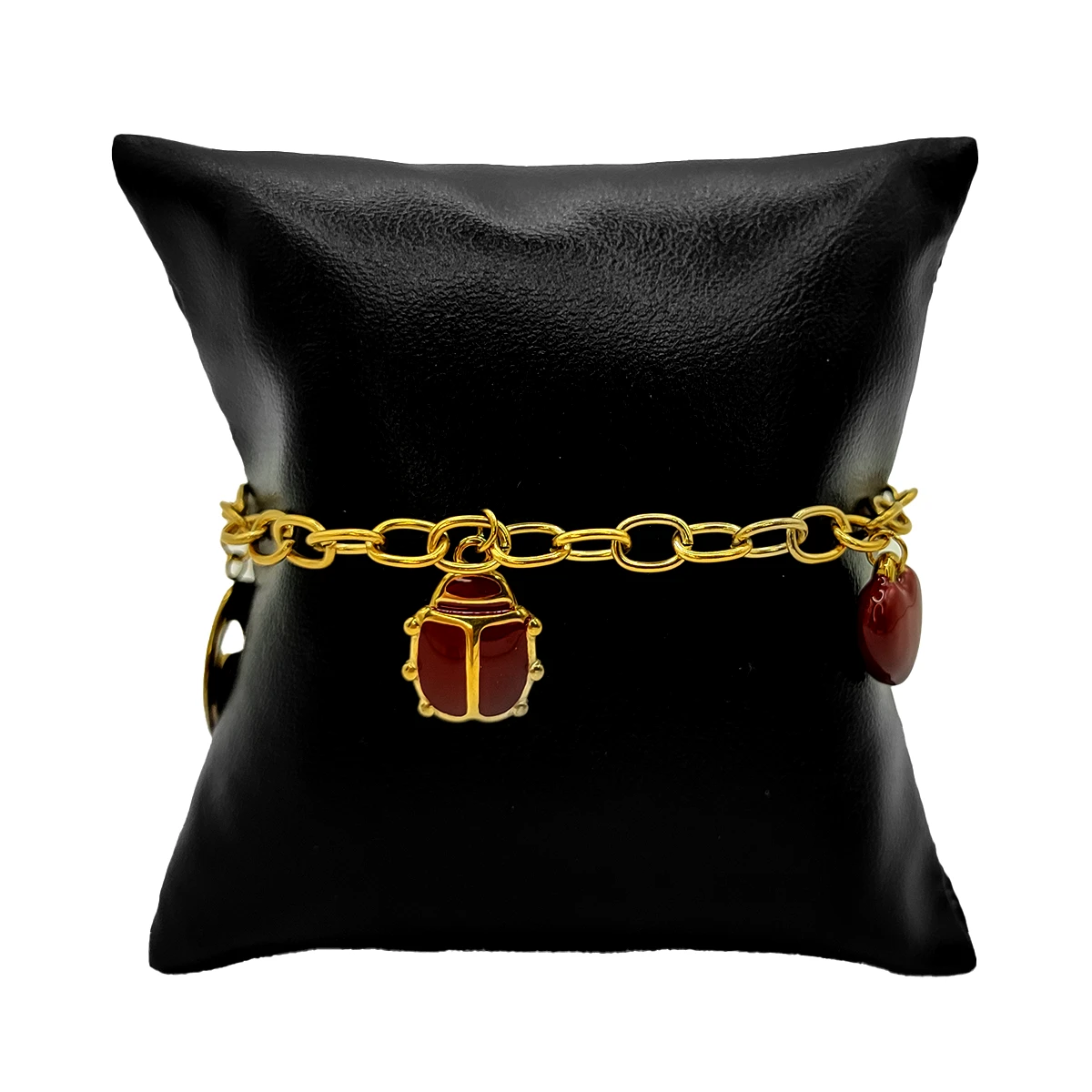 Pulsera Acero Dorado Colgante Ojo Catarina Corazon Rojo 1