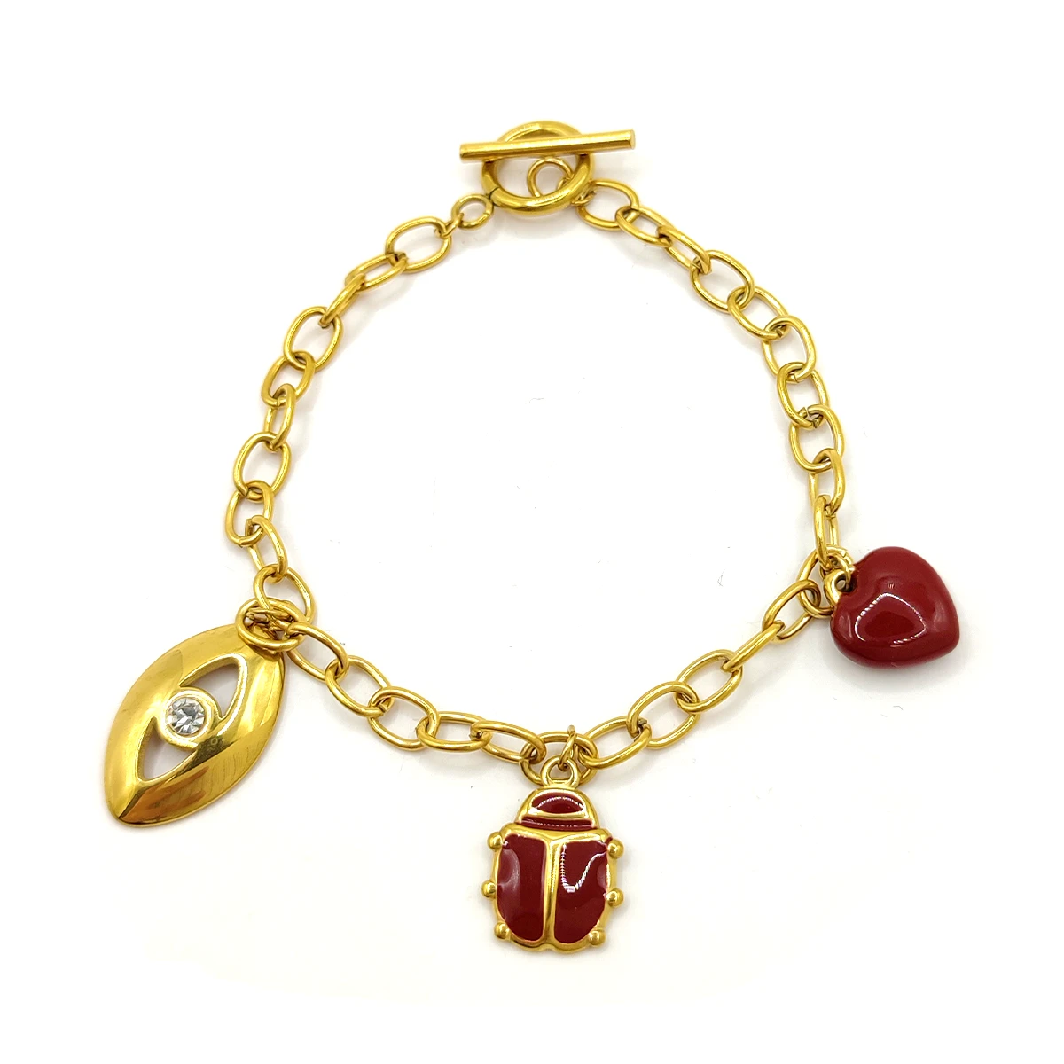 Pulsera Acero Dorado Colgante Ojo Catarina Corazon Rojo 3