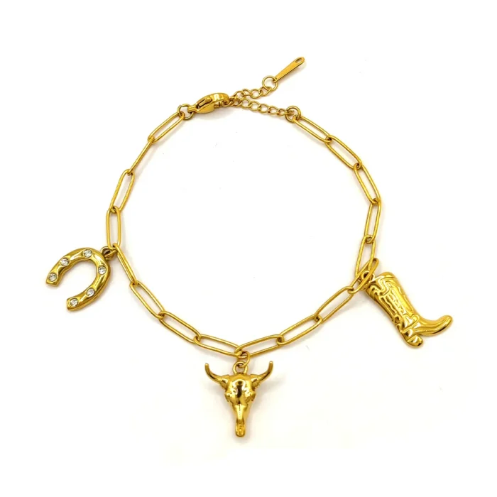 Pulsera Acero Dorado Colgantes Vaqueros Toro Bota