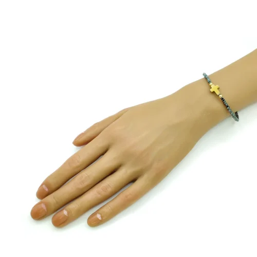 Pulsera Acero Dorado Hematita Natural Cruz Elastica (1)