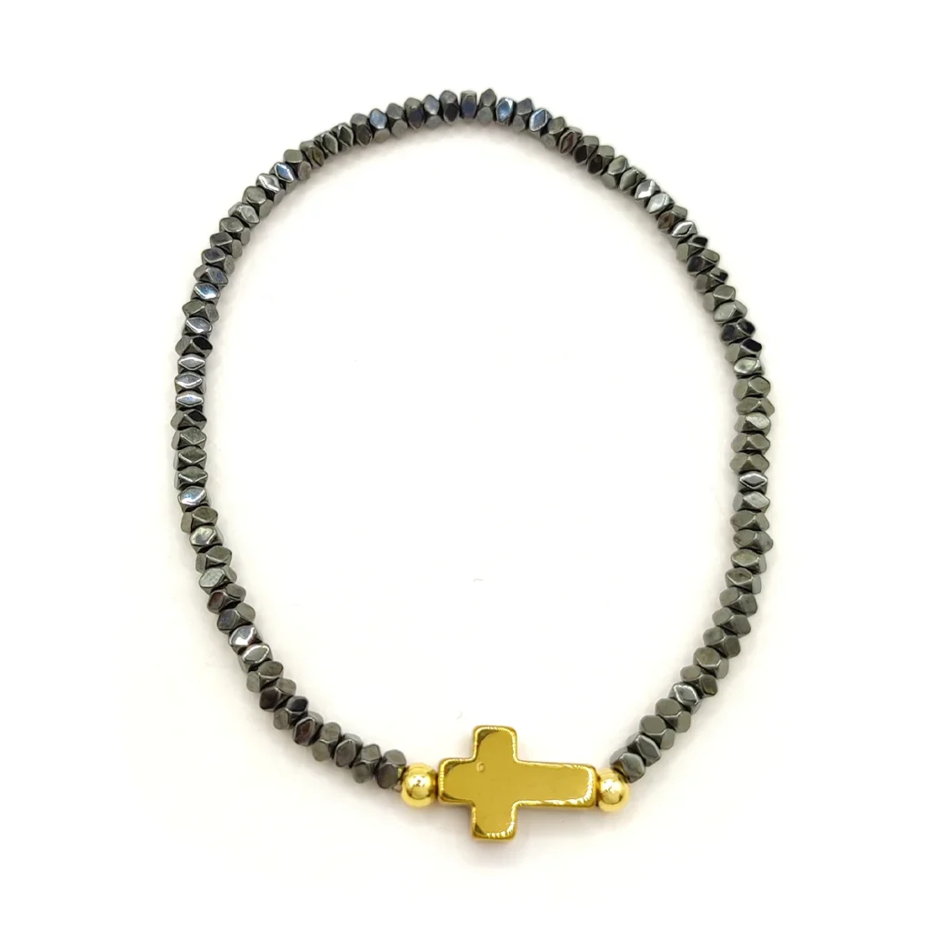 Pulsera Acero Dorado Hematita Natural Cruz Elastica