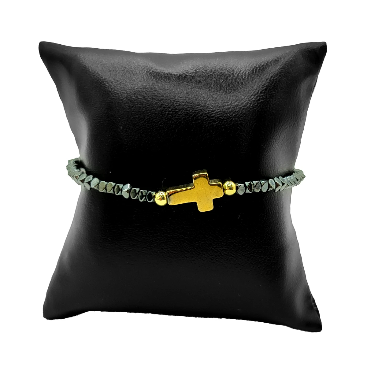 Pulsera Acero Dorado Hematita Natural Cruz Elastica 3