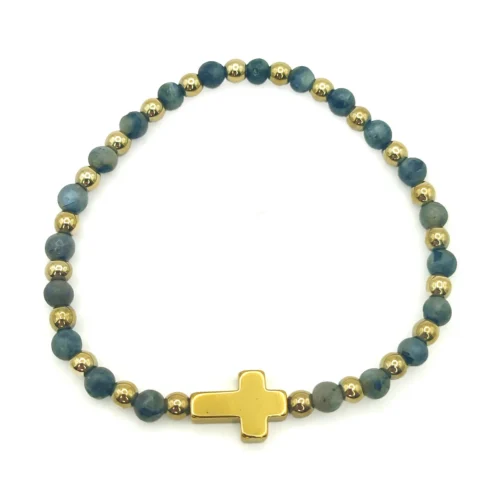 Pulsera Acero Dorado Labradorita Natural Cruz Elastica