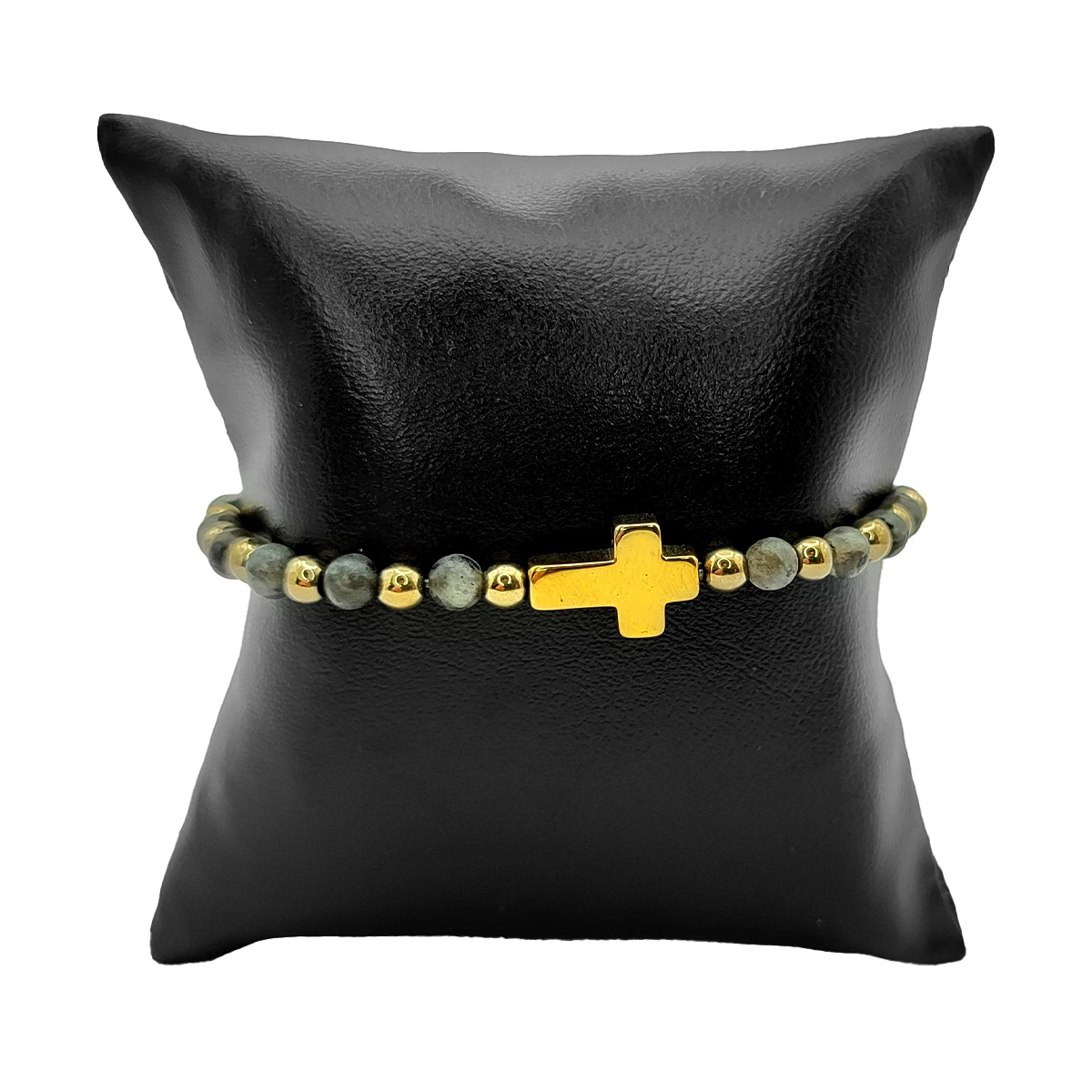 Pulsera Acero Dorado Labradorita Natural Cruz Elastica 3