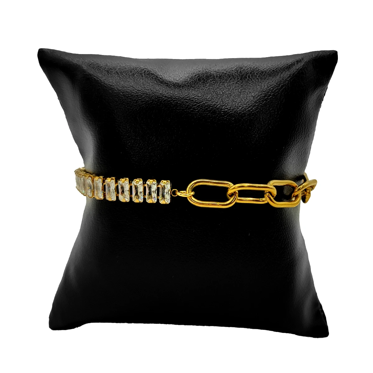 Pulsera Acero Dorado Mixta Eslabon Oval Cristales Barra 1