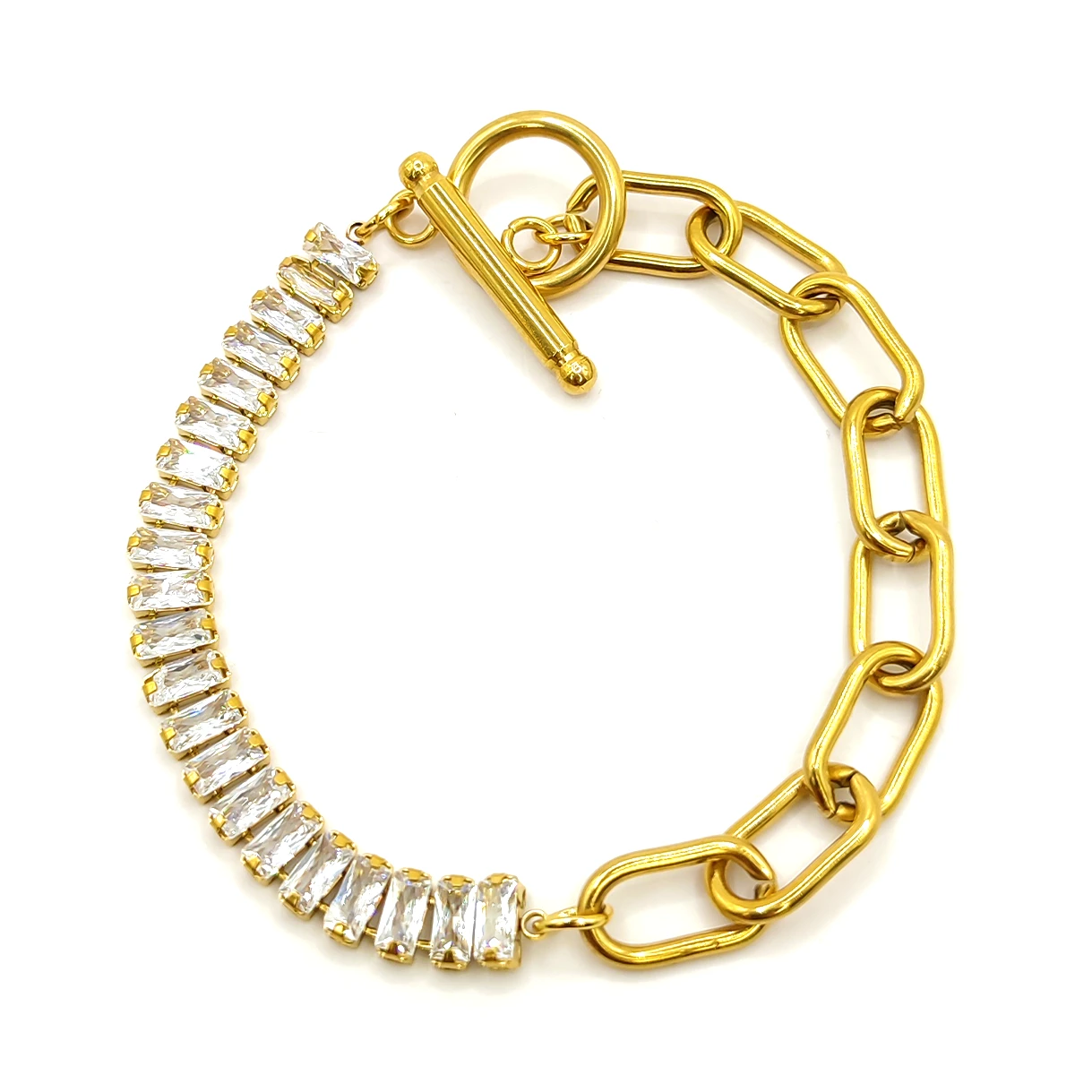 Pulsera Acero Dorado Mixta Eslabon Oval Cristales Barra 3