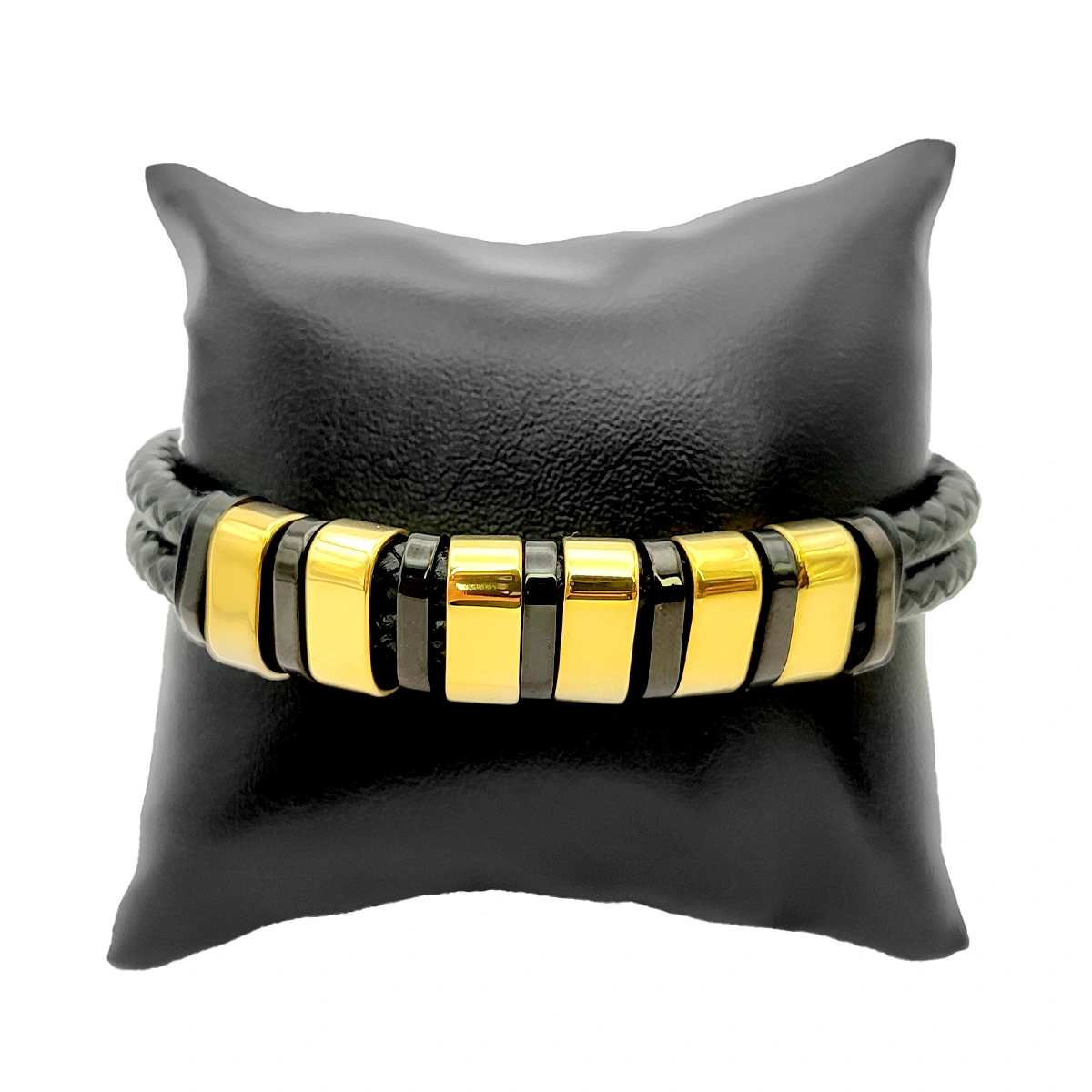 Pulsera Acero Dorado Piel Doble Tira 6 Cuentas Para Grabado 2