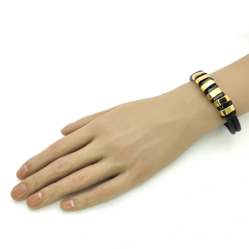 Pulsera Acero Dorado Piel Doble Tira 6 Cuentas Para Grabado (3)