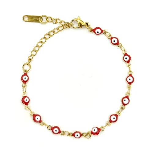 Pulsera Acero Dorado Protección Ojo Turco Rojo 4mm