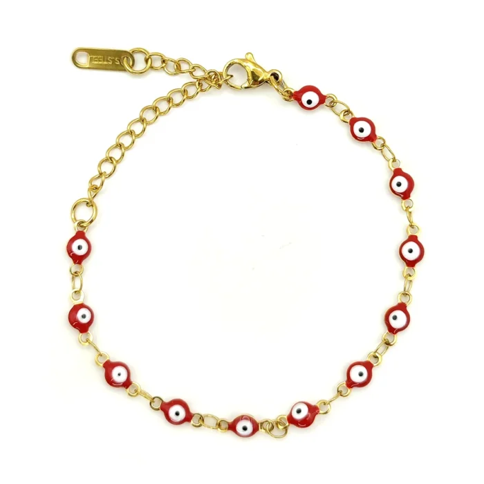 Pulsera Acero Dorado Protección Ojo Turco Rojo 4mm