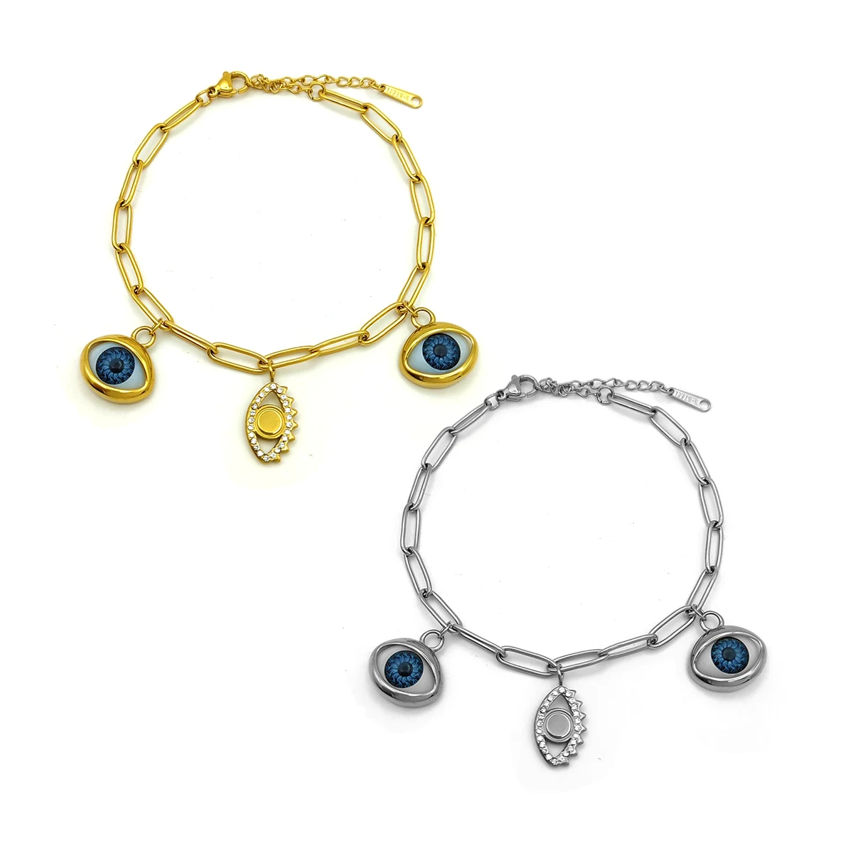 Pulsera Acero Ojos Colgantes Realista Azul y Zirconias 2