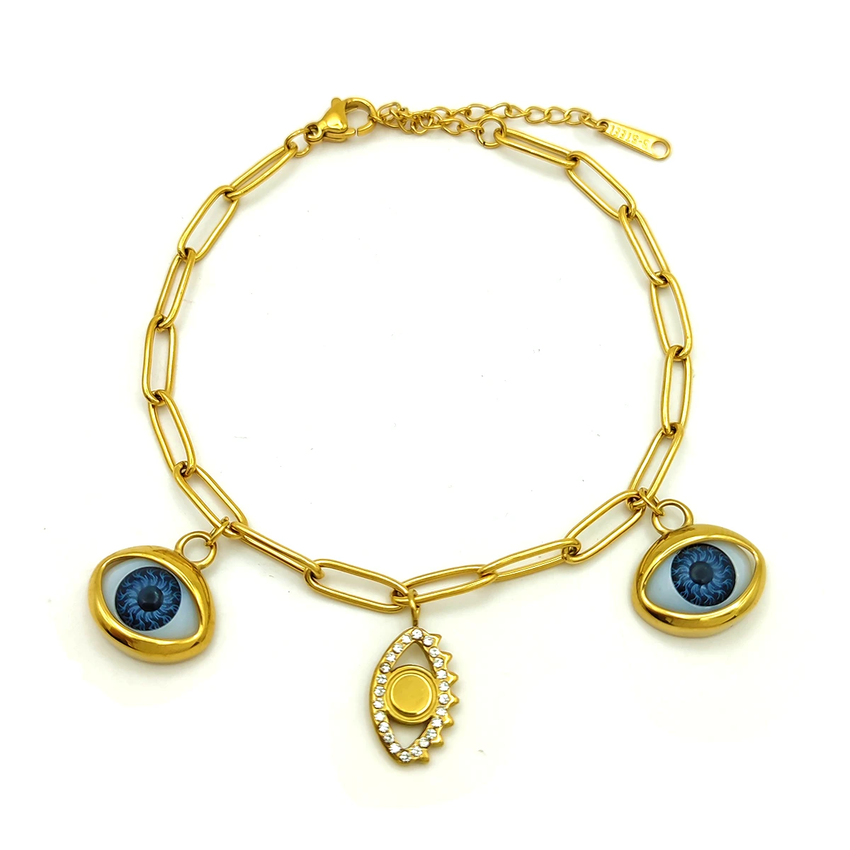 Pulsera Acero Ojos Colgantes Realista Azul y Zirconias 3