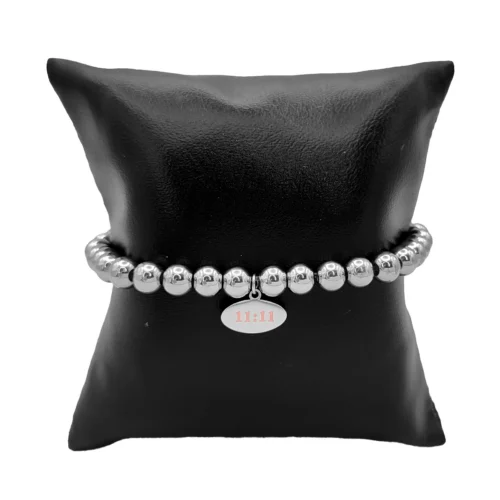 Pulsera Acero Plateado Balines 6 mm Tag Oval 1111 Rosa (1)