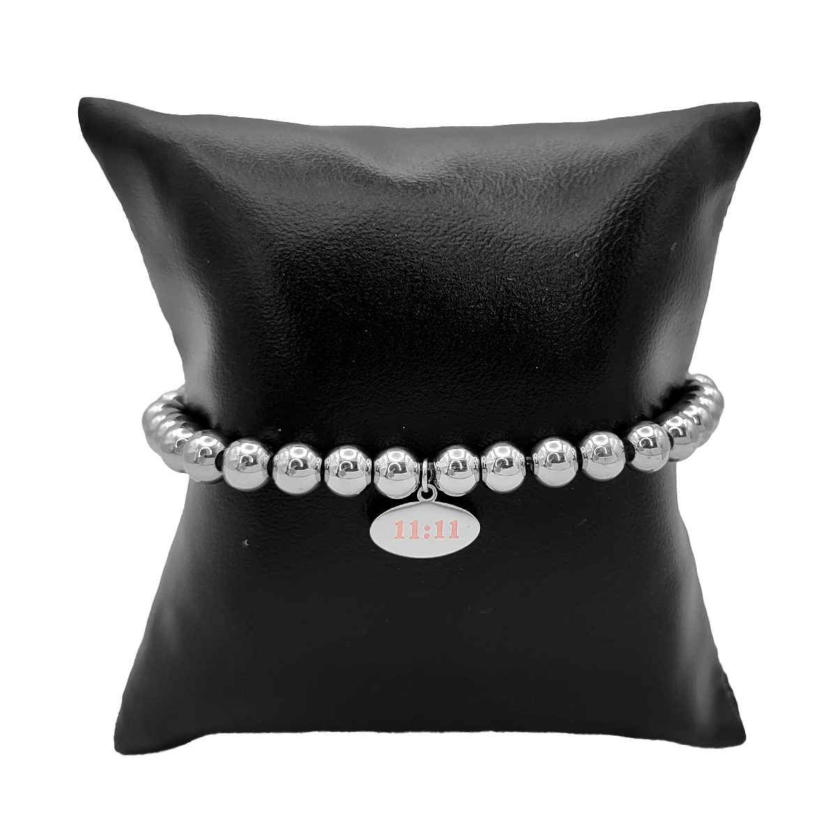 Pulsera Acero Plateado Balines 6 mm Tag Oval 1111 Rosa 1