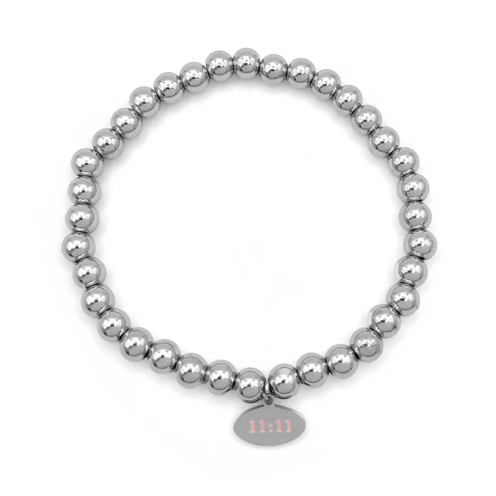 Pulsera Acero Plateado Balines 6 mm Tag Oval 1111 Rosa