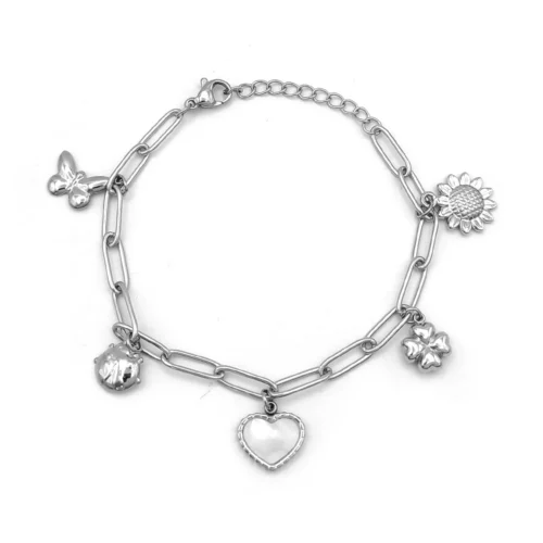 Pulsera Acero Plateado Colgantes Naturaleza Corazon