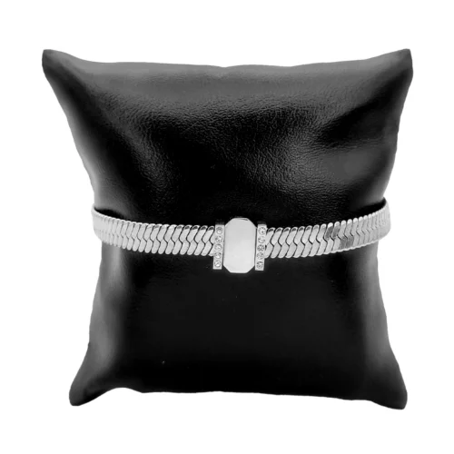 Pulsera Acero Plateado Planchada Cuenta Grabado Zirconia (1)