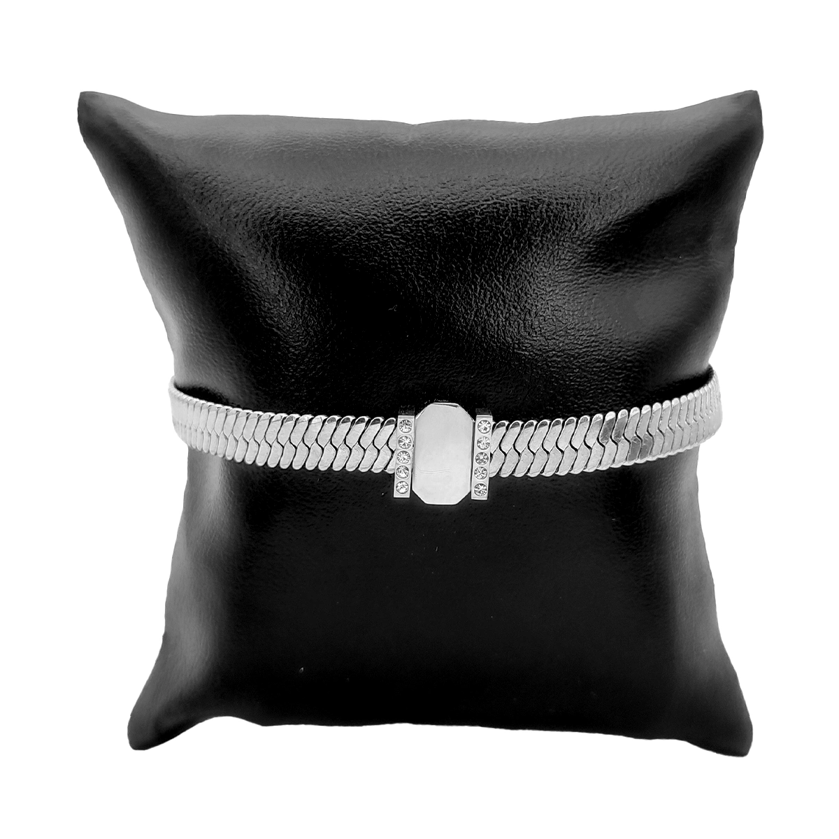 Pulsera Acero Plateado Planchada Cuenta Grabado Zirconia 1