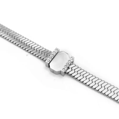 Pulsera Acero Plateado Planchada Cuenta Grabado Zirconia (3)