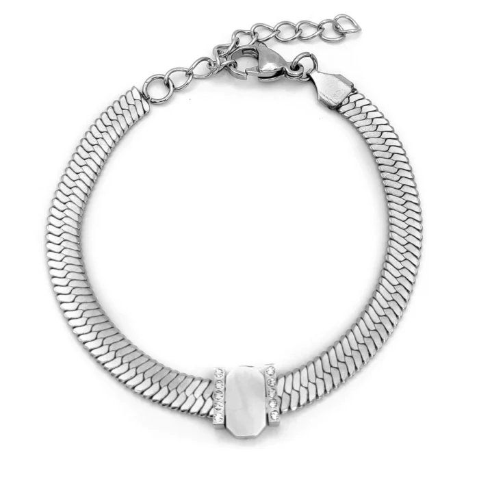 Pulsera Acero Plateado Planchada Cuenta Grabado Zirconia