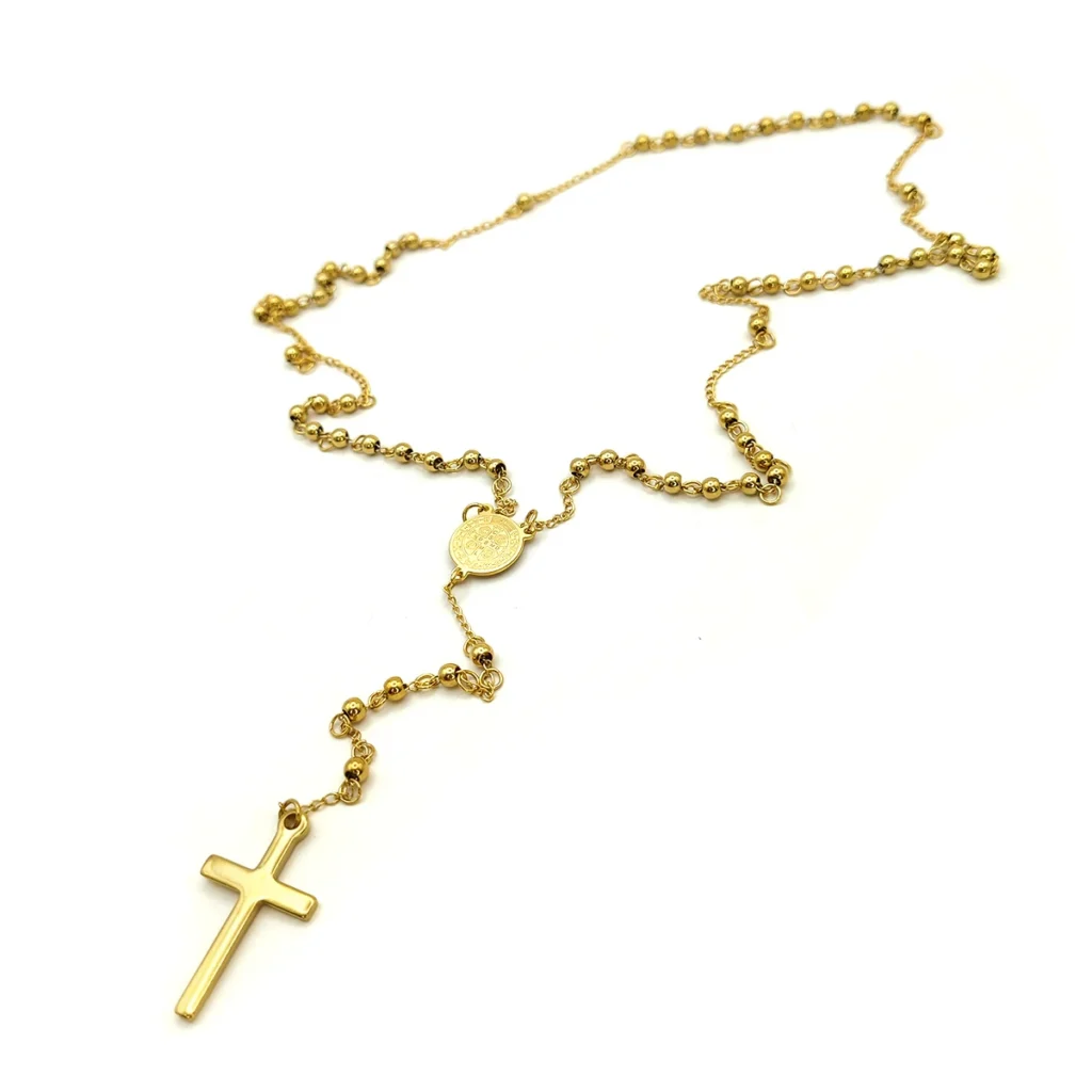 Rosario Acero Dorado Medalla San Benito Cruz 32 mm