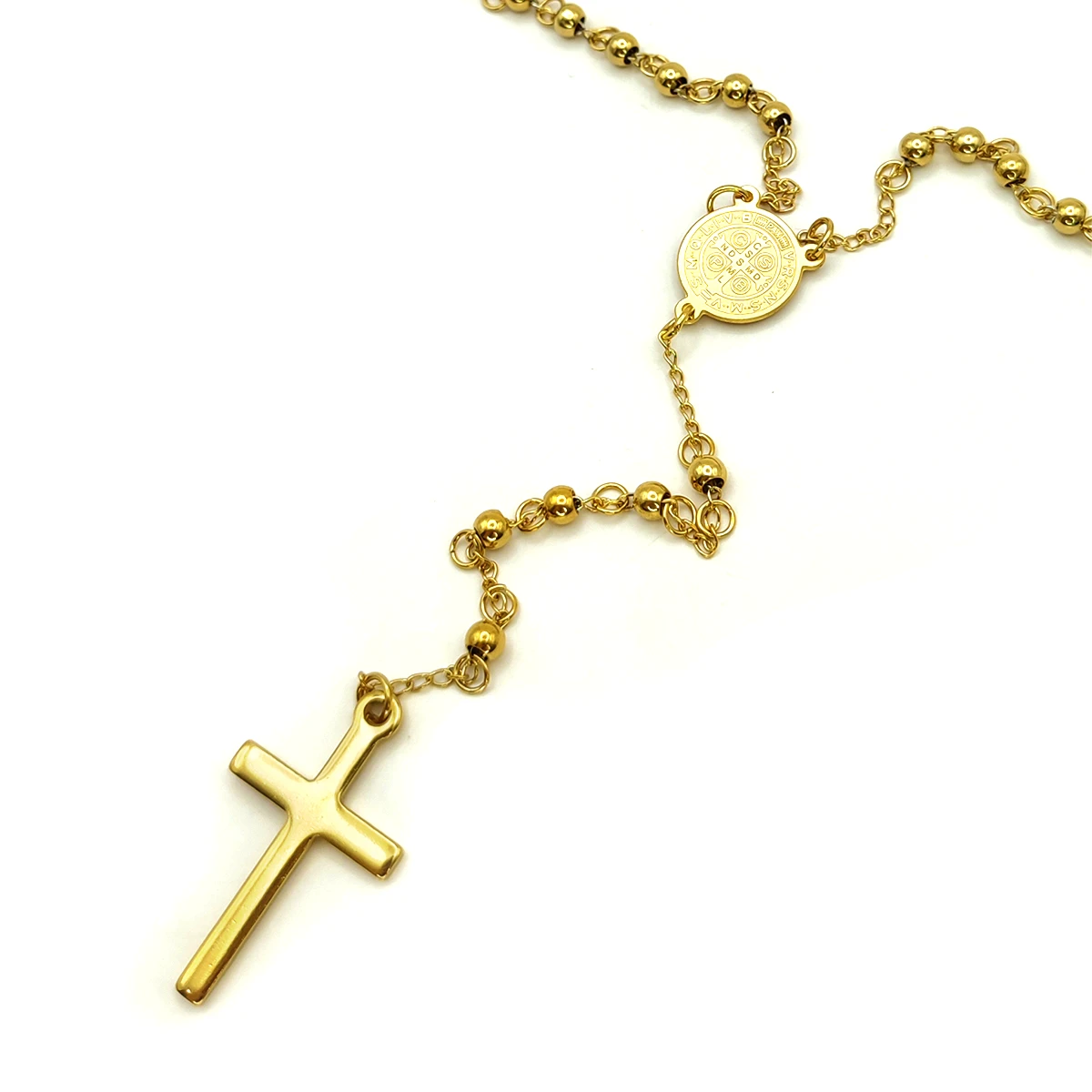 Rosario Acero Dorado Medalla San Benito Cruz 32 mm 3