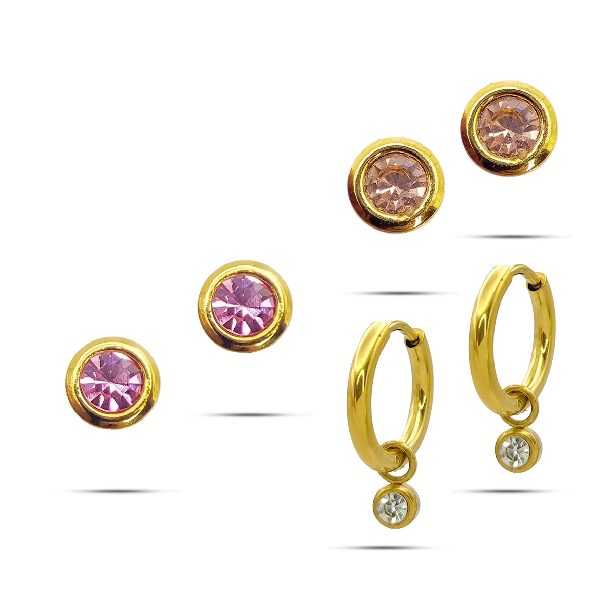 Set Aretes Acero Dorado Huggies Cristales Redondos Rosa