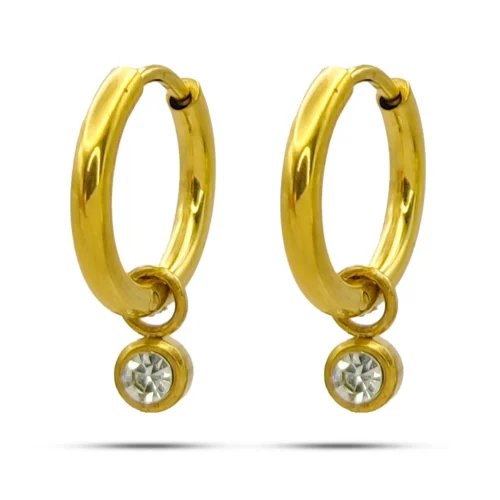 Set Aretes Acero Dorado Huggies Cristales Redondos Rosa (3)