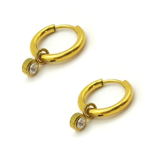 Set Aretes Acero Dorado Huggies Cristales Redondos Rosa (4)