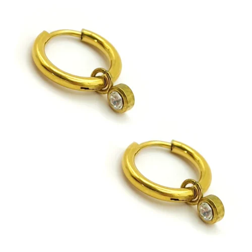 Set Aretes Acero Dorado Huggies Cristales Redondos Rosa (5)