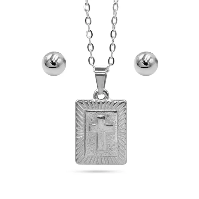 Set Joyería Plateado Cruz Religión Marco Rectangular