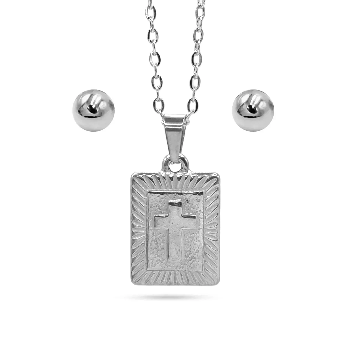 Set Joyería Plateado Cruz Religión Marco Rectangular