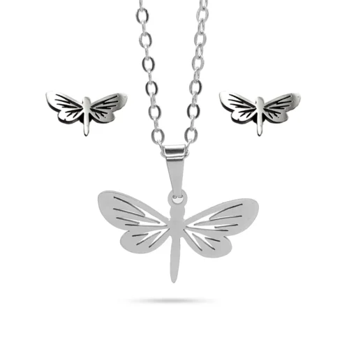Set Joyería Plateado Libelula Alas Caladas Buena Suerte