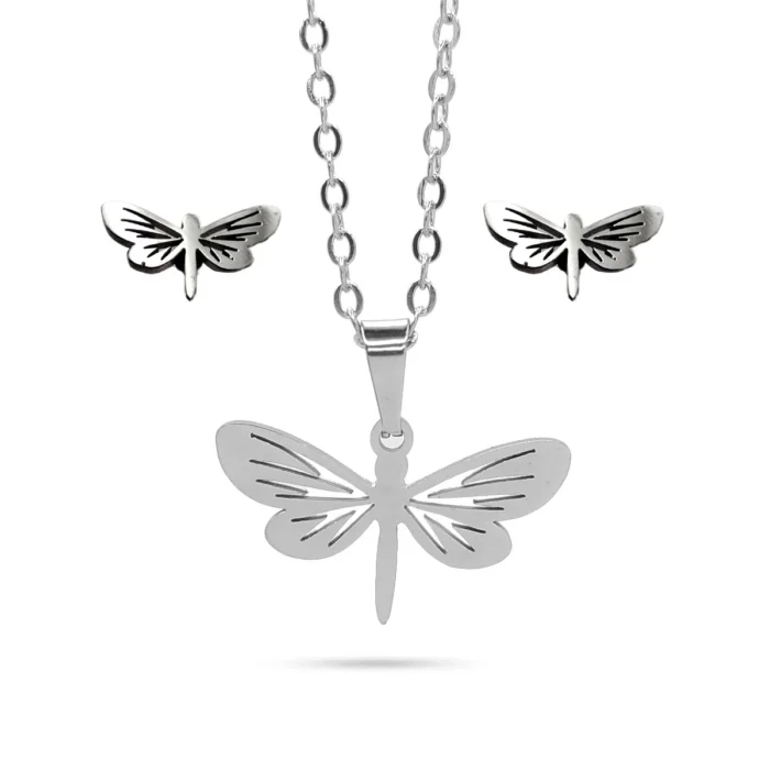 Set Joyería Plateado Libelula Alas Caladas Buena Suerte