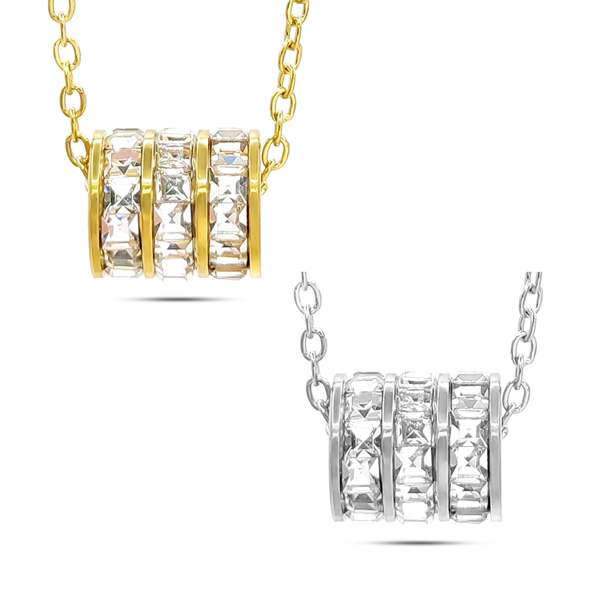 Collar Acero Barril Triple Fila de Zirconia Cuadrada