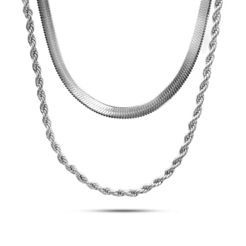 Collar Acero Doble Cadena Planchada 3 mm y Torzal 2 mm