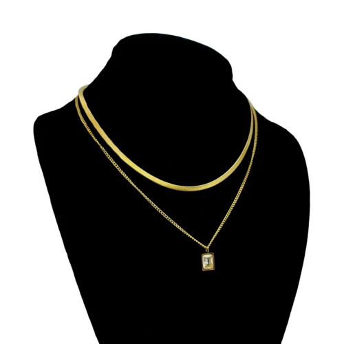 Collar Acero Doble Planchada Cubana Zirconia Rectangular (1)