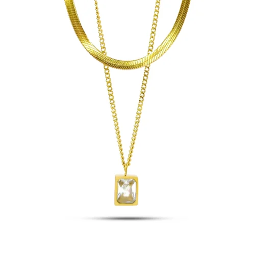 Collar Acero Doble Planchada Cubana Zirconia Rectangular