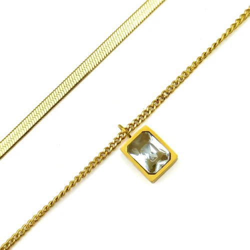 Collar Acero Doble Planchada Cubana Zirconia Rectangular (3)