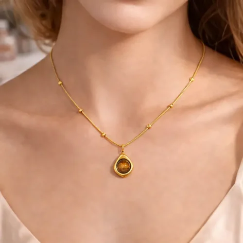 Collar Acero Dorado Balines Marco Irregular Ojo de Tigre (2)