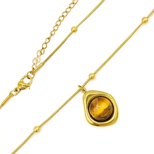 Collar Acero Dorado Balines Marco Irregular Ojo de Tigre (3)