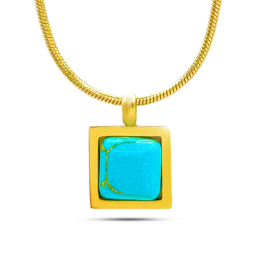 Collar Acero Dorado Balines Marco Irregular Ojo de Tigre 13 Collar Acero Dorado Cuadrado Piedra Turquesa Natural