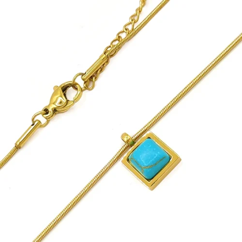 Collar Acero Dorado Cuadrado Piedra Turquesa Natural (3)
